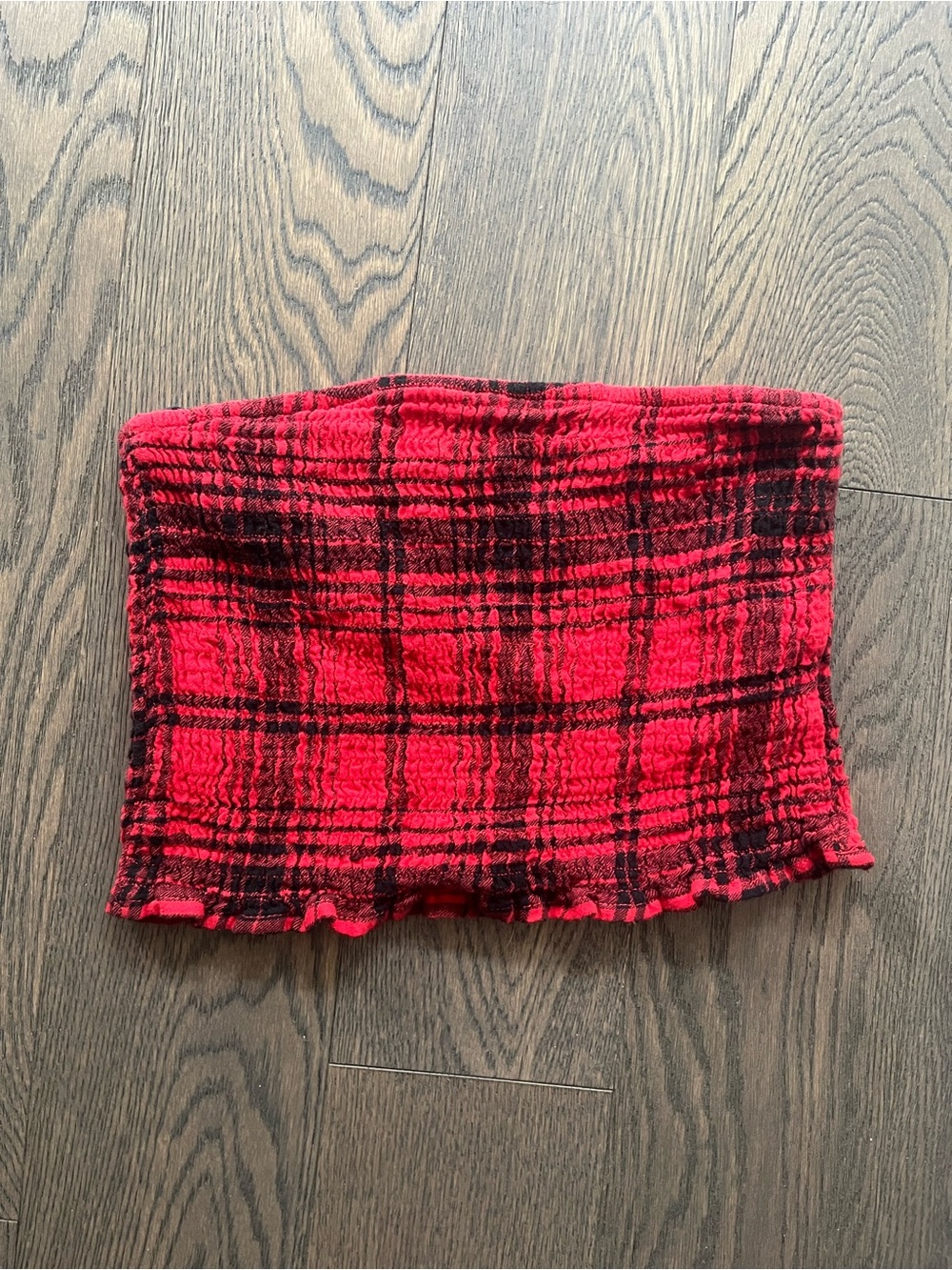 Garage Red and Black Plaid Strapless Crop Top